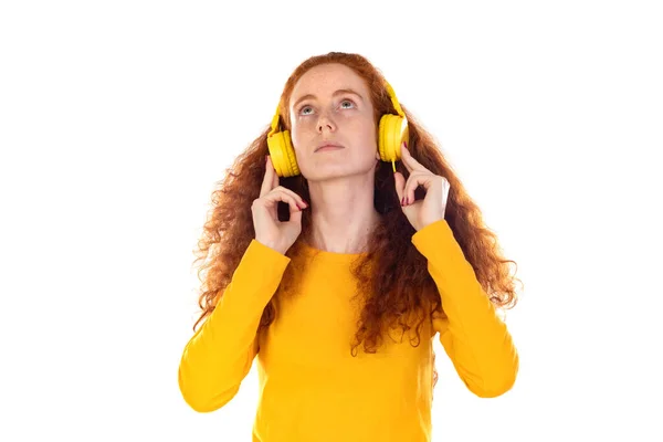 Redhead Pretty Woman Feeling Music Headphones Music Concept — стокове фото