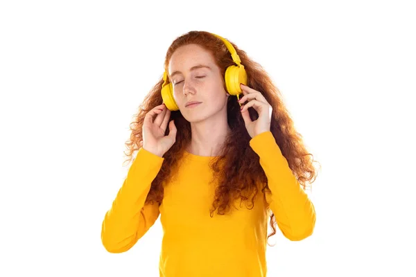 Redhead Pretty Woman Feeling Music Headphones Music Concept — Fotografia de Stock