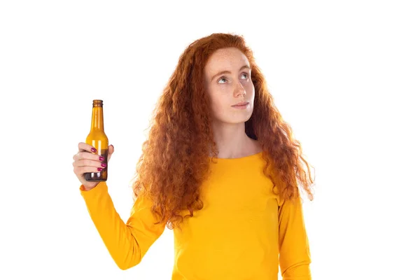 Young Redhead Woman White Wall Holding Beer Bottle Happy Big — Foto de Stock