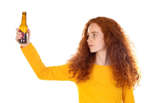 Young Redhead Woman White Wall Holding Beer Bottle Happy Big — Fotografia de Stock
