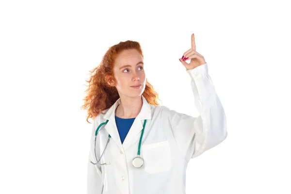 Cute Redhead Doctor Lab Coat Isolated White Background — Stok fotoğraf