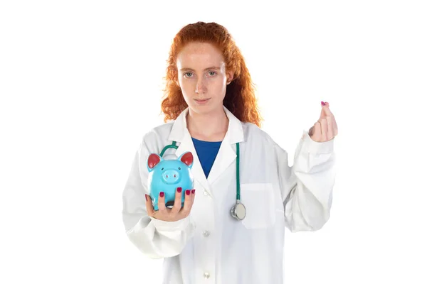 Cute Redhead Doctor Lab Coat Saving Money Isolated White Background — Stock Photo, Image