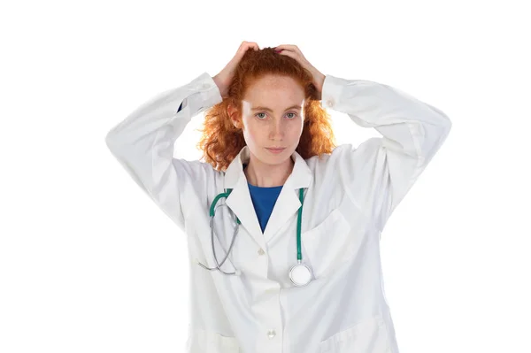 Cute Redhead Doctor Lab Coat Isolated White Background — Stockfoto
