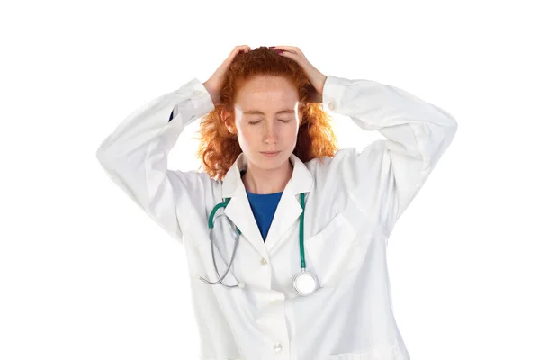 Cute Redhead Doctor Lab Coat Isolated White Background — Foto Stock