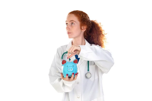 Cute Redhead Doctor Lab Coat Saving Money Isolated White Background — Stock Photo, Image