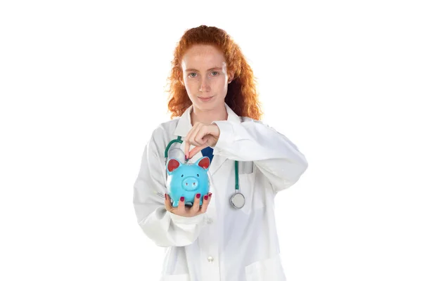 Cute Redhead Doctor Lab Coat Saving Money Isolated White Background — стоковое фото