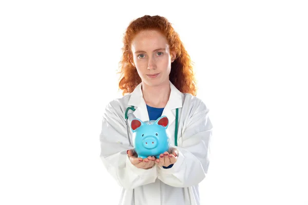 Cute Redhead Doctor Lab Coat Saving Money Isolated White Background — стоковое фото