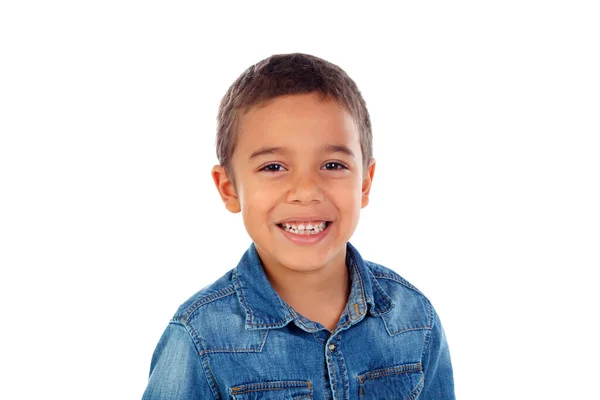 Latin Child Denim Shirt Looking Camera Laughing Isolated White Background — Foto Stock