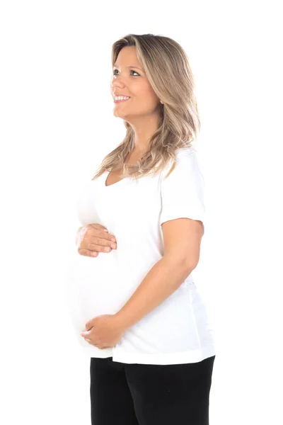 Jeune Belle Femme Blonde Enceinte Attendant Bébé Sur Fond Blanc — Photo