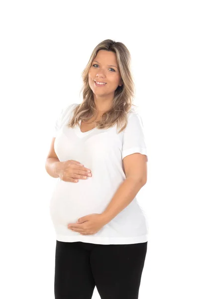 Young Beautiful Blonde Woman Pregnant Expecting Baby Isolated White Background — Stock Photo, Image