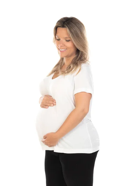 Young Beautiful Blonde Woman Pregnant Expecting Baby Isolated White Background — Stok fotoğraf