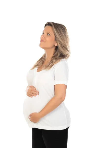 Jonge Mooie Blonde Vrouw Zwanger Verwacht Baby Geïsoleerde Witte Achtergrond — Stockfoto