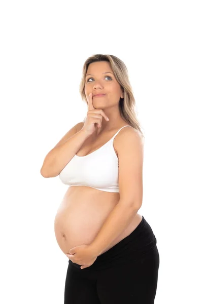 Isoliertes Porträt Einer Schönen Lächelnden Frau Die Auf Ihr Baby — Stockfoto