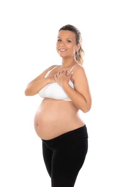 Isoliertes Porträt Einer Schönen Lächelnden Frau Die Auf Ihr Baby — Stockfoto