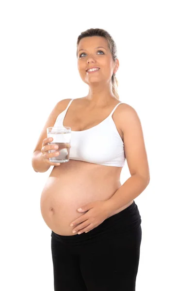 Ritratto Isolato Bella Donna Sorridente Con Bicchiere Acqua Attesa Bambino — Foto Stock