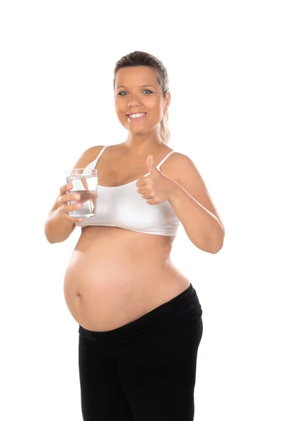 Isolerat Porträtt Vacker Leende Kvinna Med Ett Glas Vatten Väntar — Stockfoto