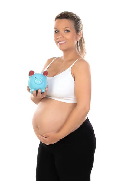 Isolated Portrait Beautiful Smiling Woman Waiting Baby Holding Moneybox — Stock Photo, Image