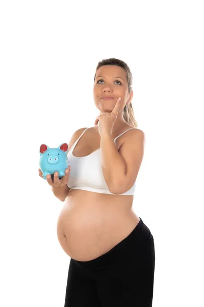 Isolated Portrait Beautiful Smiling Woman Waiting Baby Holding Moneybox — Stock Photo, Image