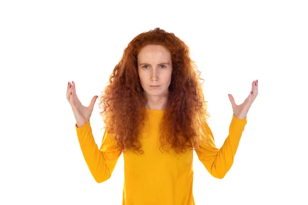 Young Redhead Girl Wearing Yellow Sweater White Background Raising Hands —  Fotos de Stock