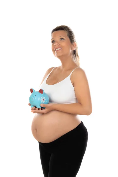 Retrato Isolado Bela Mulher Sorridente Esperando Pelo Bebê Segurando Uma — Fotografia de Stock