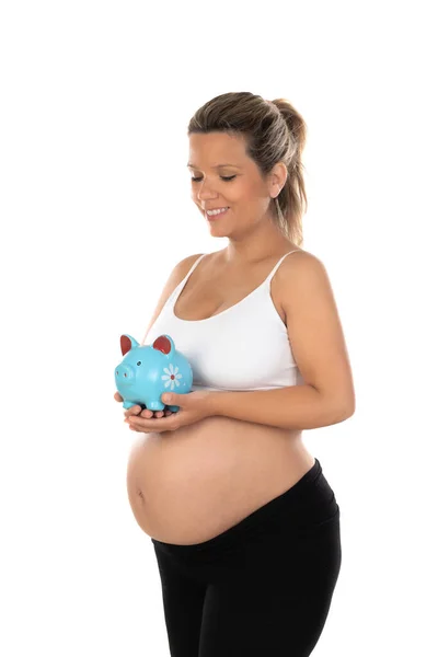 Isolated Portrait Beautiful Smiling Woman Waiting Baby Holding Moneybox — Stock Photo, Image