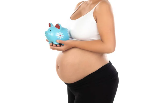 Isolated Portrait Beautiful Smiling Woman Waiting Baby Holding Moneybox — Stock Photo, Image