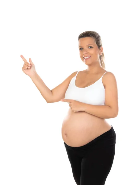 만지고 임신부의 모습하얀 배경에 떨어져 — 스톡 사진