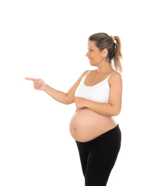 Imagem Mulher Grávida Tocando Sua Barriga Com Mãos Isoladas Fundo — Fotografia de Stock