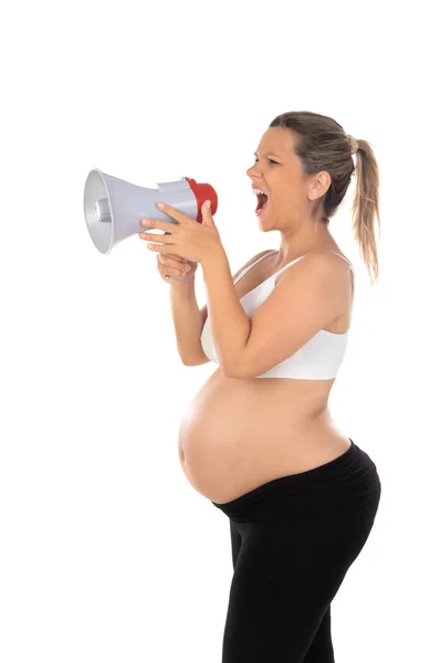 Mujer Embarazada Feliz Acariciando Manteniendo Las Manos Vientre Grande Estómago —  Fotos de Stock