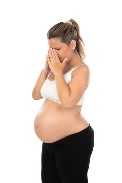 Ongemak Tijdens Zwangerschap Zwangere Vrouw Geïsoleerd Een Witte Achtergrond — Stockfoto