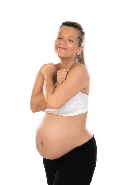 Ciąża Szczęśliwa Ciężarna Kobieta Odizolowana Białym Tle — Zdjęcie stockowe