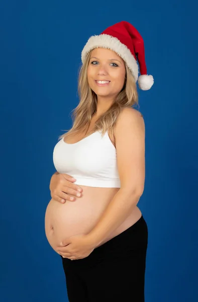 Embarazo Mujer Embarazada Feliz Aislada Sobre Fondo Azul —  Fotos de Stock