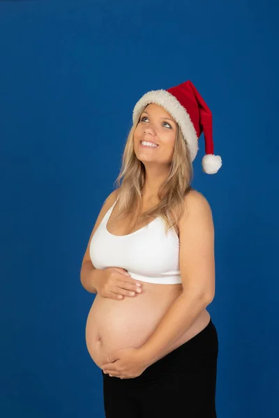 Беременность Счастливая Беременная Женщина Изолирована Синем Фоне — стоковое фото