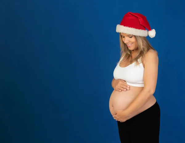 Zwangerschap Gelukkig Zwanger Vrouw Geïsoleerd Een Blauwe Achtergrond — Stockfoto