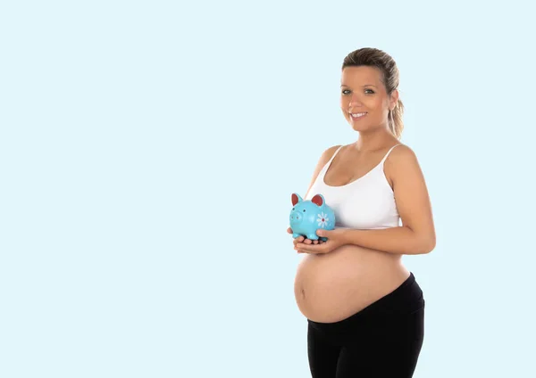 Isolated Portrait Beautiful Smiling Woman Waiting Baby Holding Moneybox — Stock Photo, Image