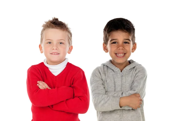 Two Happy Friends Looking Camera Isolated White Background — Stock Photo, Image