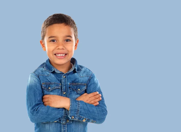 Gracioso Niño Pequeño Con Cabello Oscuro Ojos Negros Cruzando Sus — Foto de Stock