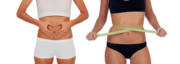 Sportliche Körper Frauen Und Maß Ihren Körper Auf Weißem Hintergrund — Stockfoto