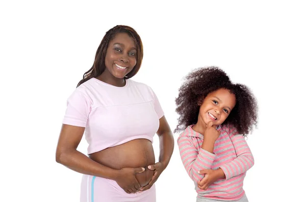 Pregnacy African Woman Her Daughter Waiting Baby Isolated White Background — Foto de Stock