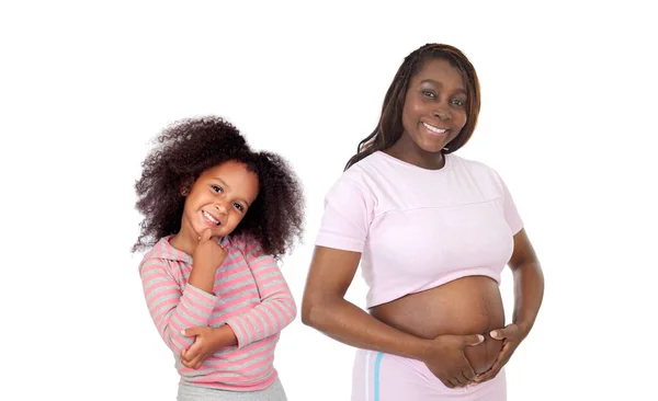 Gravidez Mulher Africana Com Sua Filha Esperando Bebê Isolado Fundo — Fotografia de Stock
