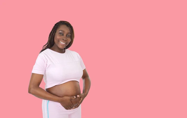 Young Beautiful Pregnant African Woman Color Background — Photo