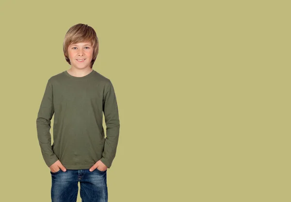 Full Length Portrait Boy Khaki Shirt Isolated Color Background — Photo