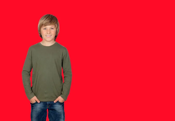 Full Length Portrait Boy Khaki Shirt Isolated Color Background —  Fotos de Stock