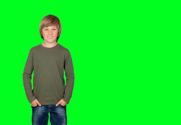 Full Length Portrait Boy Khaki Shirt Isolated Color Background —  Fotos de Stock