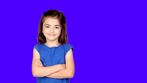 Brunette Little Girl Blue Shirt Isolated Color Background — Stok fotoğraf