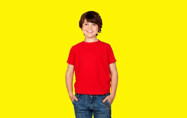 Cute Brunette Boy Red Shirt Isolated Color Background — Zdjęcie stockowe