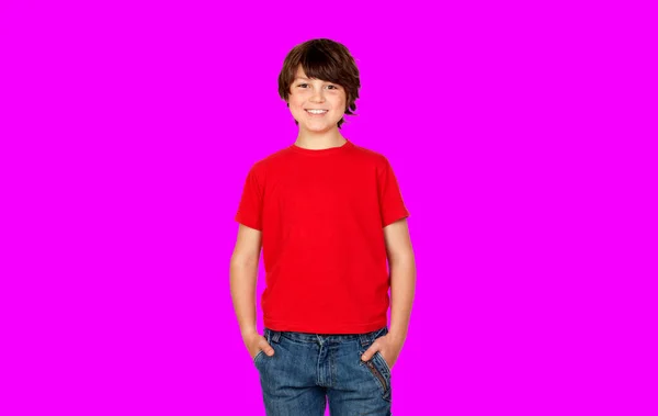 Cute Brunette Boy Red Shirt Isolated Color Background — Stockfoto