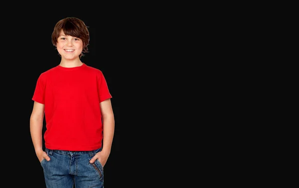 Cute Brunette Boy Red Shirt Isolated Color Background — Fotografia de Stock