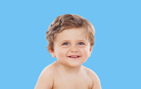 Portrait Smiling Happy Baby Boy Isolated Blue Background — Stockfoto