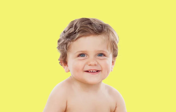 Portrait Smile Happy Baby Boy Yellow White Background — Stok Foto